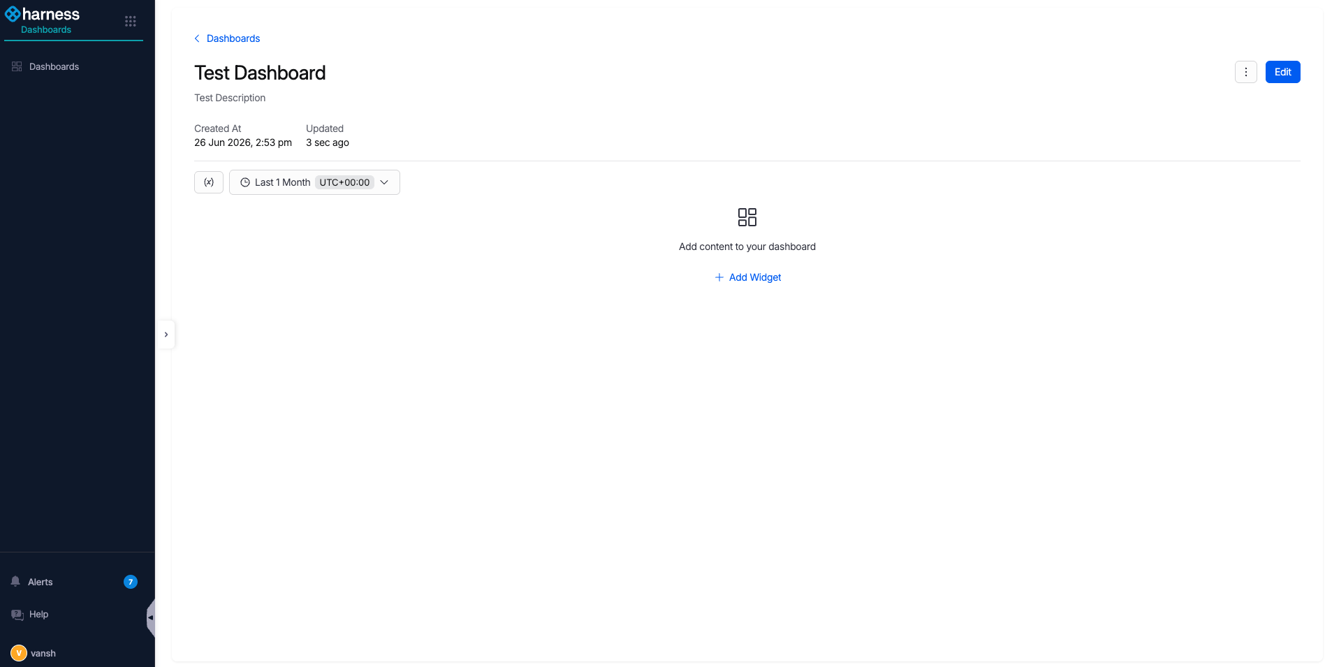 The new empty dashboard after submit