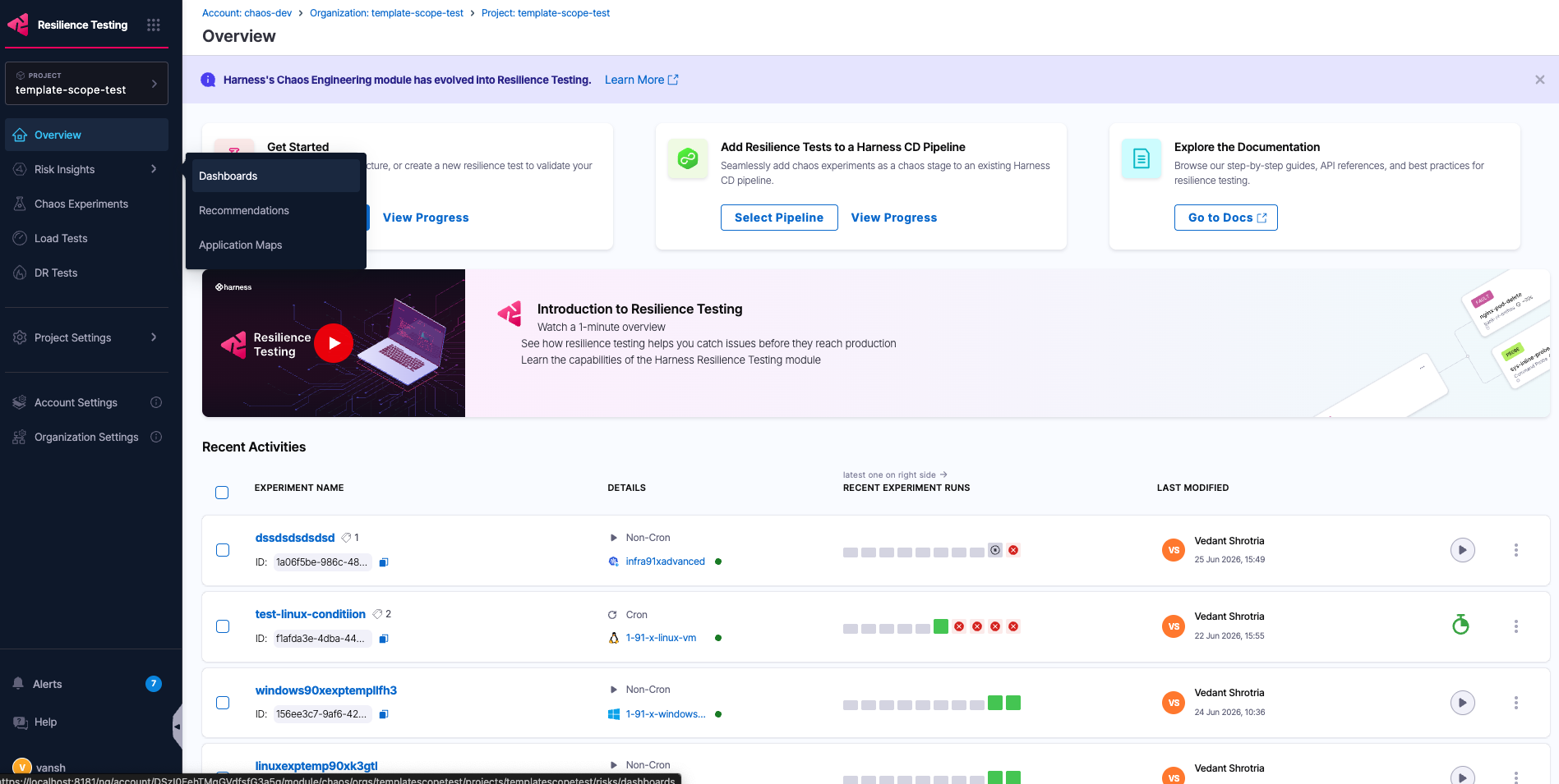 The Dashboards item under the Insights section of the Resilience Testing left navigation